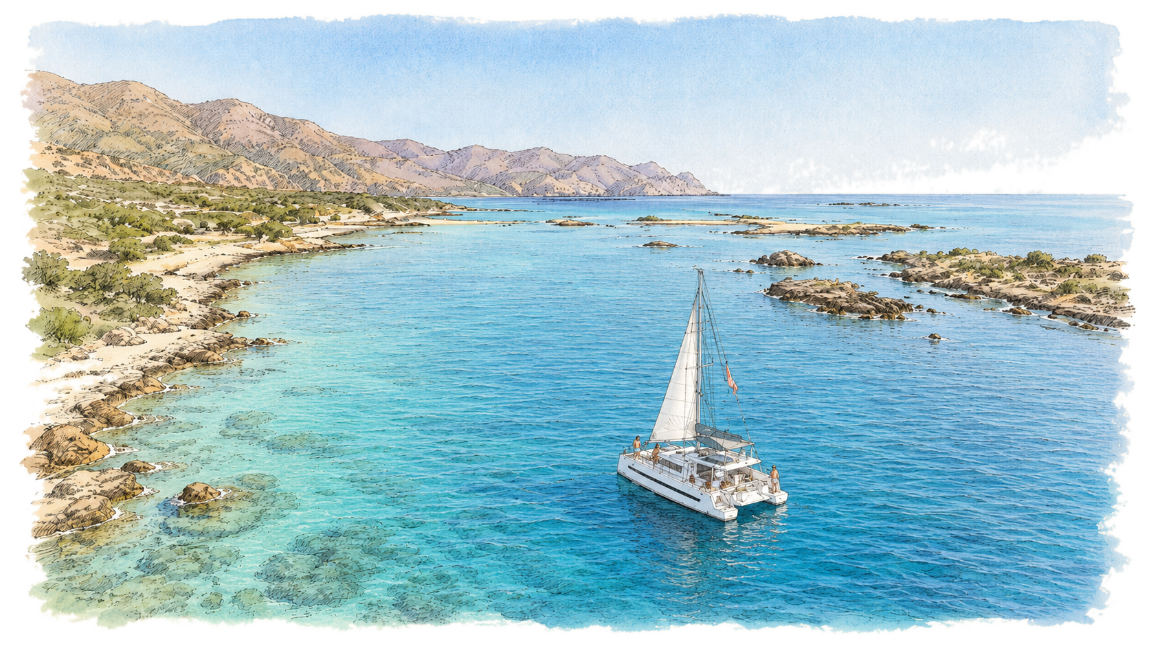 Watercolour illustration of a catamaran sailing a turquoise Cretan bay